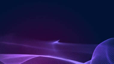 Nokta mavi mor dalga çizgisi, ışık eğimli koyu arkaplan. Soyut teknoloji büyük veri dijital arkaplanı. 3d oluşturma.