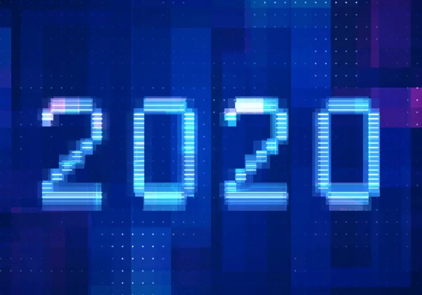 2020年展望新年 技术蓝色背景 数字机器学习与数字未来设计理念 — 图库照片