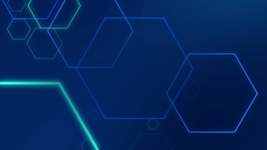 Altıgen geometrik mavi ışık teknolojisi yüksek teknoloji koyu arka plan. Soyut grafik dijital gelecek bilim konsept tasarımı.