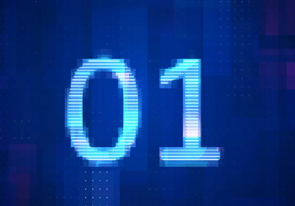 01二进制计算机代码在屏幕上监测蓝底计算机技术 数字未来设计的概念 — 图库照片
