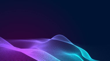 Nokta mavi mor dalga çizgisi, ışık eğimli koyu arkaplan. Soyut teknoloji büyük veri dijital arkaplanı. 3d oluşturma.