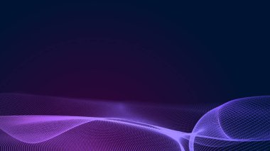 Nokta mavi mor dalga çizgisi, ışık eğimli koyu arkaplan. Soyut teknoloji büyük veri dijital arkaplanı. 3d oluşturma.