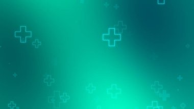 Tıbbi sağlık mavisi, yeşil haç, neon ışık desenleri. Soyut sağlık teknolojisi ve bilim konsepti.