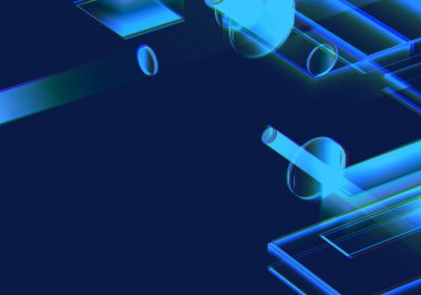 Siber mavi izometrik neon şehir sanal gerçeklik arka planı. Soyut teknoloji yeniliği gelecekteki dijital arka plan. 3d oluşturma.