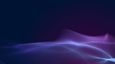 Nokta mavi mor dalga çizgisi, ışık eğimli koyu arkaplan. Soyut teknoloji büyük veri dijital arkaplanı. 3d oluşturma.
