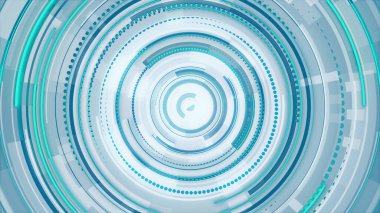 Daire beyaz, mavi ve yeşil neon çizgileri teknolojisi yüksek teknoloji parlak arka plan. Soyut grafik dijital gelecek bilimkurgu konsepti tasarımı.