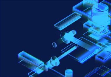 Siber mavi izometrik neon şehir sanal gerçeklik arka planı. Soyut teknoloji yeniliği gelecekteki dijital arka plan. 3d oluşturma.