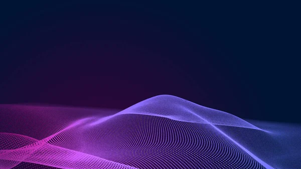 Nokta mavi mor dalga çizgisi, ışık eğimli koyu arkaplan. Soyut teknoloji büyük veri dijital arkaplanı. 3d oluşturma.
