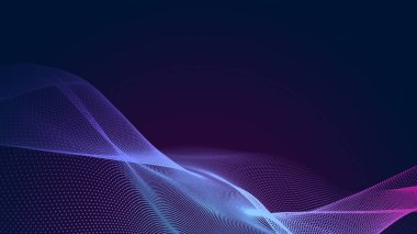 Nokta mavi mor dalga çizgisi, ışık eğimli koyu arkaplan. Soyut teknoloji büyük veri dijital arkaplanı. 3d oluşturma.