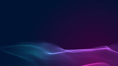 Nokta mavi mor dalga çizgisi, ışık eğimli koyu arkaplan. Soyut teknoloji büyük veri dijital arkaplanı. 3d oluşturma.