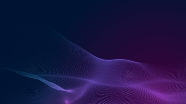 Nokta mavi mor dalga çizgisi, ışık eğimli koyu arkaplan. Soyut teknoloji büyük veri dijital arkaplanı. 3d oluşturma.