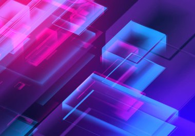 Soyut 3d mavi mor renk arızası izometrik zincir ve dijital bulut ağ teknolojisi dokusu arka planı. 3d şifreleme sistemi kavramı.