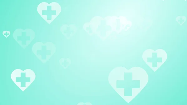 Medical health green blue cross on hearts pattern background. Abstract healthcare technology and science concept.