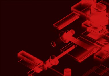 Soyut 3d kırmızı renk arızası izometrik zincir ve dijital bulut ağ teknolojisi dokusu arka planı. 3d şifreleme sistemi kavramı.