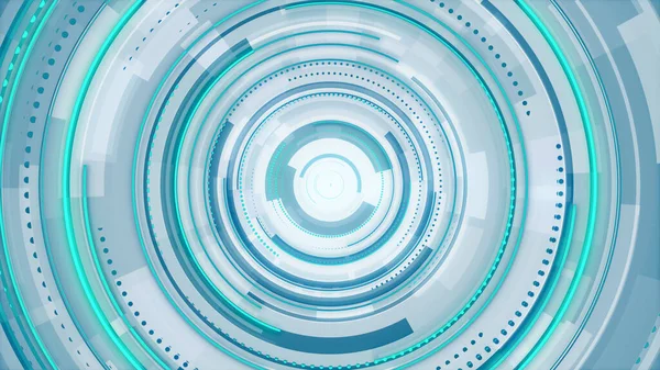 Daire beyaz, mavi ve yeşil neon çizgileri teknolojisi yüksek teknoloji parlak arka plan. Soyut grafik dijital gelecek bilimkurgu konsepti tasarımı.