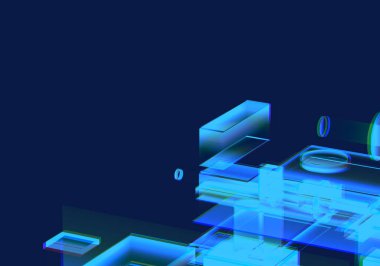 Siber mavi izometrik neon şehir sanal gerçeklik arka planı. Soyut teknoloji yeniliği gelecekteki dijital arka plan. 3d oluşturma.