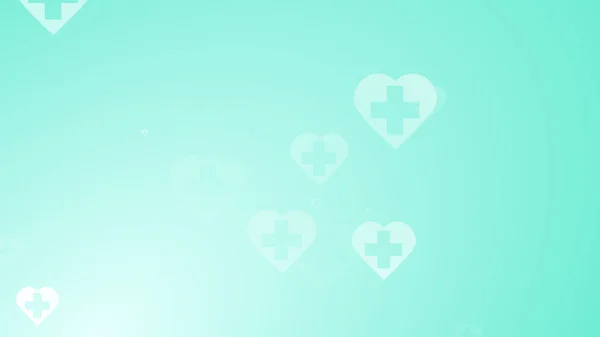 Medical health green blue cross on hearts pattern background. Abstract healthcare technology and science concept.