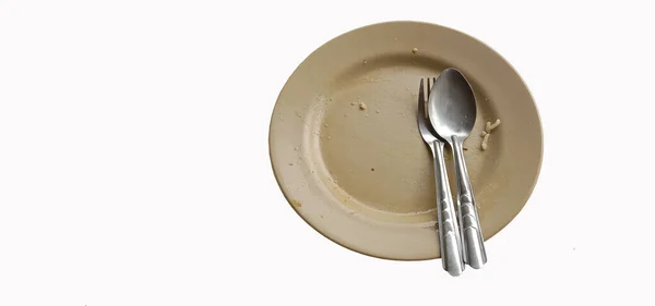 皿やスプーン 道具類は白地に食品廃棄物がある — ストック写真