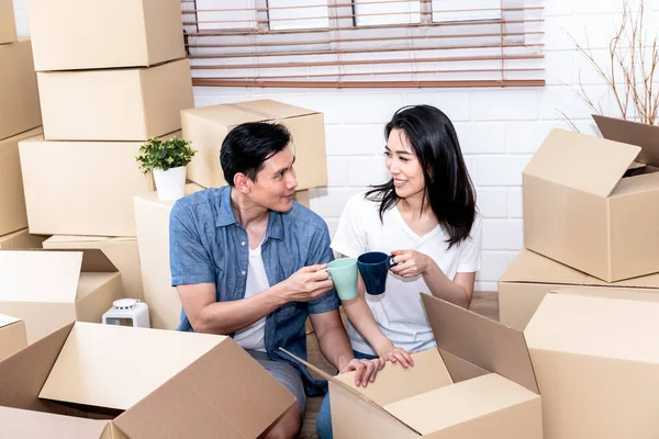 Asian Couple Husband Attractive Wife Were Resting Drink Coffee Helping — Stock Photo, Image
