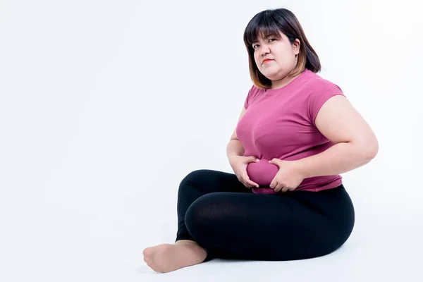 Portrait Images Fat Woman Sitting Using Her Hands Grasp Belly — Stock Photo, Image