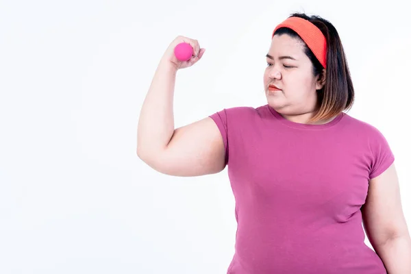 Asyalı Şişman Kadın Egzersiz Yapıyor Ağırlık Kaldırıyor Kilo Vermek Sağlıklı — Stok fotoğraf