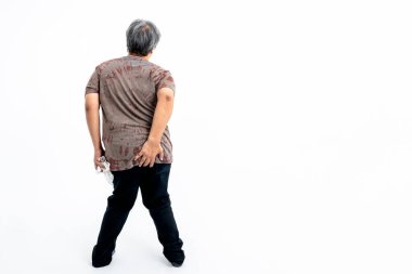 The back of a man Which uses left hand Hold ass area And hold a tissue Whit right hand, On white background, concept to people have diarrhea Want to go to bathroom for excretion