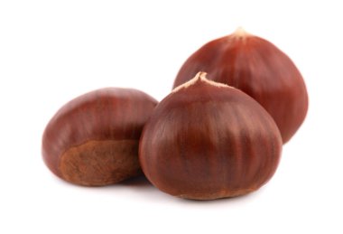 Beyaz arka planda taze kestaneler. Hipokrat veya at kestanesi.