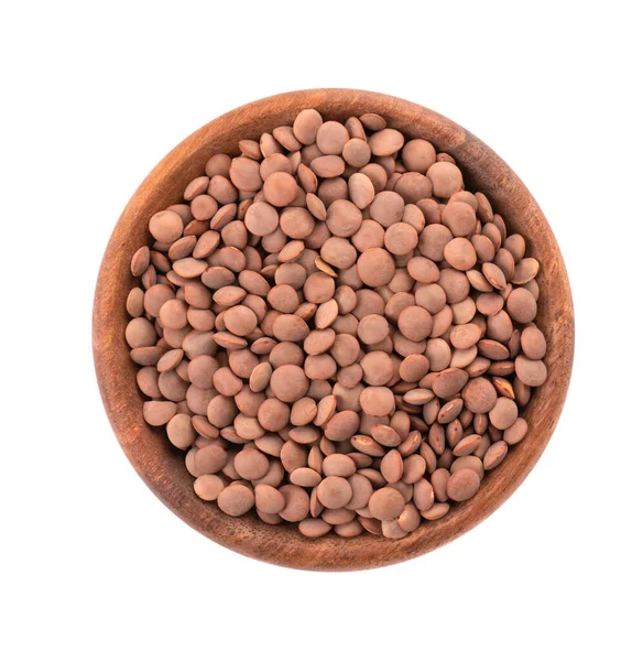 Brown Lentils Wooden Bowl Isolated White Background Top View — Stock Photo, Image