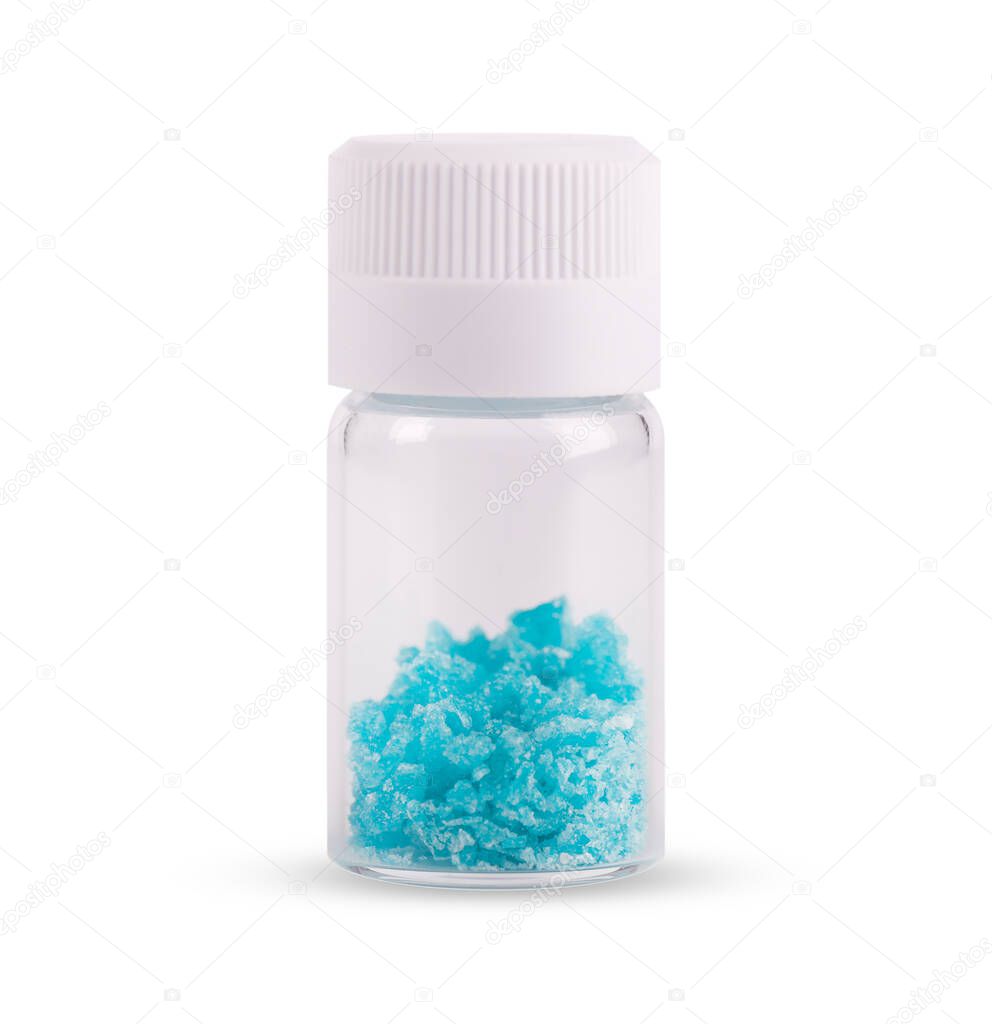 Blue crystal of methamphetamine isolated on white background. Blue ice, bath salt, drug. Blue meth.
