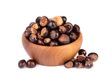 Beyaz arka planda izole edilmiş, ahşap kasede Guarana tohumu. Diyet takviyesi guarana, enerji içecekleri için kafein kursu.