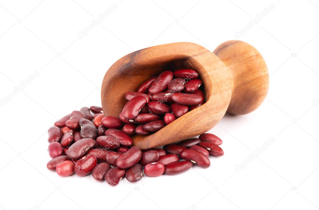 Red kidney beans in wooden scoop, isolated on white background. Rajma or Mexican Bean. Beans close up.