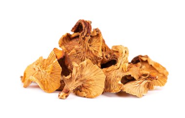 Kurutulmuş mantarlar, beyaz arka planda izole edilmiş. Kurutulmuş orman mantarı. Cantharellus cibarius. Kapat..