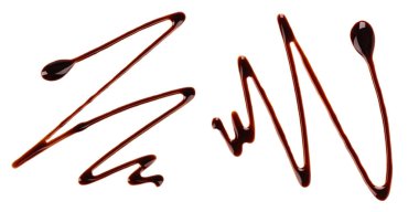 Beyaz arka planda izole edilmiş çikolata şurubu. Çikolata sosu damlatıyor. Üst görünüm.