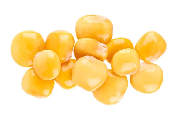 Frijoles de altramuz amarillos en escabeche aislados sobre fondo blanco. Tournus, lupinus preservado. Vista superior. — Foto de Stock
