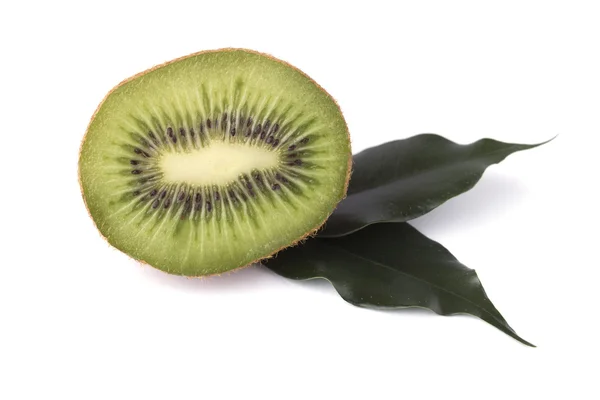 Halbe Kiwi und zwei Blätter — Stockfoto