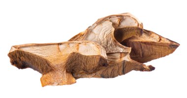 Beyaz arka planda izole edilmiş kurutulmuş porcini mantarları. Kesme yolu