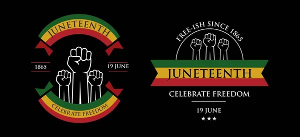 Vektör bayrağı, Juneteenth Günü için tebrik kartı veya poster, 19 Haziran 'da kutlama özgürlüğü, velayet günü, Haziran' ın üçüncü günü için çıkartma seti.