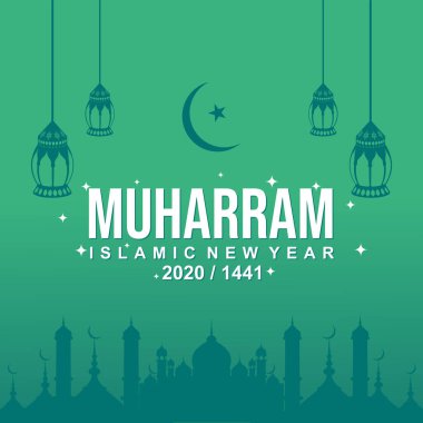 1443 yılı kutlu olsun. Cami ve yıldızların yeşil arka planda, İslami Yeni Yıl afişi, vektör illüstrasyonu..