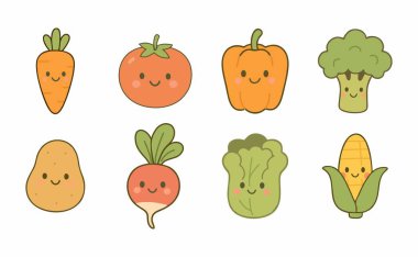 Şirin Sebze Simgeleri Düz Kawaii Gıda Vektörü Resmini Ayarladı