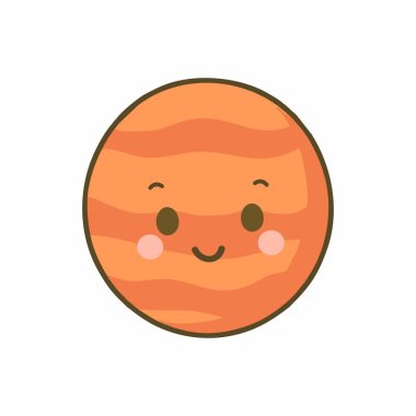 Beyaz Arkaplanda İzole edilmiş Şirin Turuncu Gezegen Düz Simgesi Astronomi ve Çocuklar için Gülümseyen Alan Çizimi