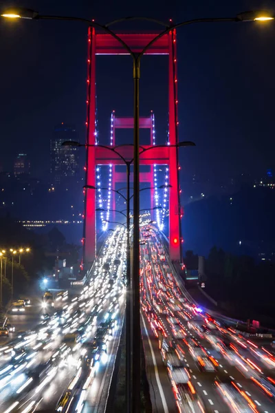 Evening Traffic Fatih Sultan Mehmet Bridge — Stock Photo, Image