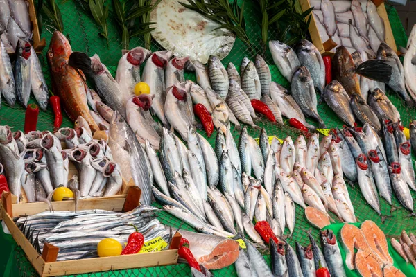 Peixes Frescos São Vendidos Balcão Mercado — Fotografia de Stock