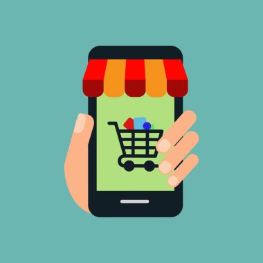 Web sitesinde Alışveriş Çevrimiçi veya Mobil Uygulama Vektörü Konsepti Pazarlama ve Dijital Pazarlama. Yatay görünüm.