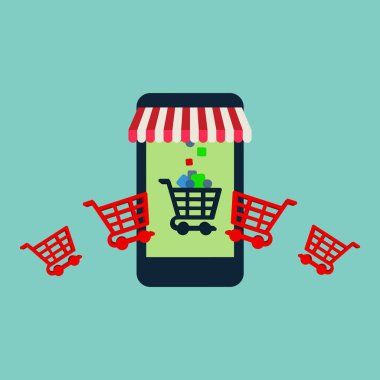 Web sitesinde Alışveriş Çevrimiçi veya Mobil Uygulama Vektörü Konsepti Pazarlama ve Dijital Pazarlama. Yatay görünüm.