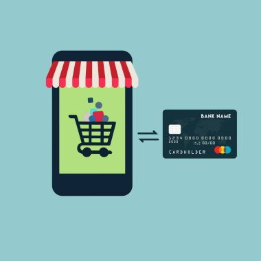 Web sitesinde Alışveriş Çevrimiçi veya Mobil Uygulama Vektörü Konsepti Pazarlama ve Dijital Pazarlama. Yatay görünüm.