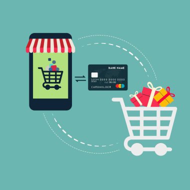 Web sitesinde Alışveriş Çevrimiçi veya Mobil Uygulama Vektörü Konsepti Pazarlama ve Dijital Pazarlama. Yatay görünüm.