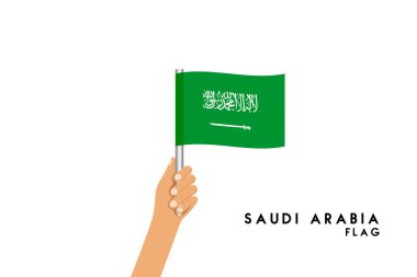 Suudi Arabistan bayrağı, insan elinin vektör karikatür çiziminde görülüyor. Beyaz arkaplandaki izole nesne.