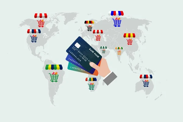 Kunnen Overal Ter Wereld Winkelen Met Een Creditcard Vektor Werk — Stockvector