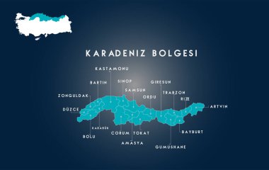 Map of the Black Sea region of Turkey ( Turkish Karadeniz bolgesi, Zonguldak, Duzce, Karabuk, Bolu, Corum,Tokat, Amasya, Gumushane, Bayburt,Artvin, Rize, Trabzon, Giresun, Ordu,Samsun, Sinop Haritasi) clipart
