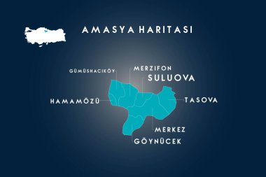 Amasya ilçeleri gümüşhacıköy, hamamozu, goynucek, tasova, suluova, merzifon haritası, Türkiye